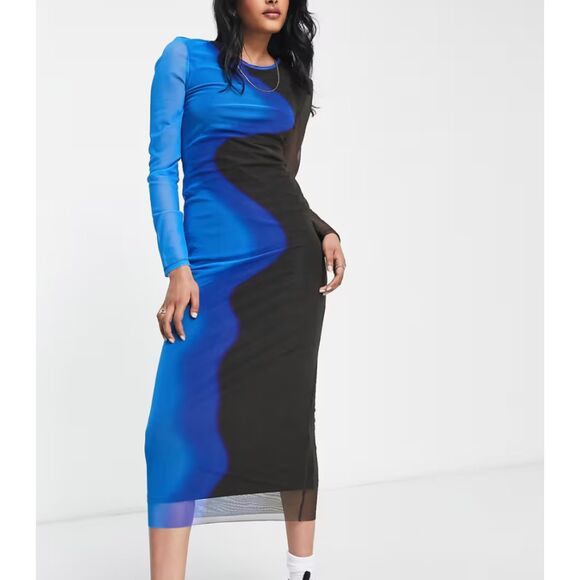 TOPSHOP Mesh Abstract Bodycon Midi Dress‎ Sz 0-2 - Picture 1 of 7